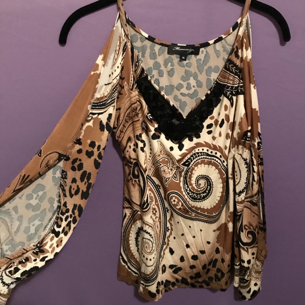 Jeweled Mesmerized Leopard Cold Shoulder Top